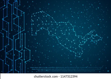 Abstract mash line and point scales on Circuit dark background with map of Uzbekistan. Wire frame mesh polygonal network line, design sphere, dot and structure. Vector illustration eps 10.