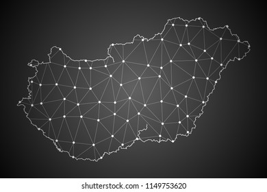 Abstract Mash Line and Point Scales on The Dark Gradient Background With Map of Hungary. 3D Mesh Polygonal Network Connections.Vector illustration eps10.