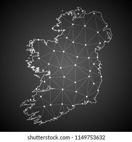 Abstract Mash Line and Point Scales on The Dark Gradient Background With Map of Ireland. 3D Mesh Polygonal Network Connections.Vector illustration eps10.