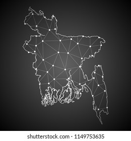 Abstract Mash Line and Point Scales on The Dark Gradient Background With Map of Bangladesh. 3D Mesh Polygonal Network Connections.Vector illustration eps10.