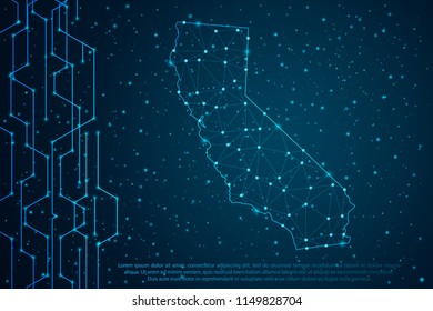Abstract mash line and point scales on Circuit dark background with map of California. Wire frame mesh polygonal network line, design sphere, dot and structure. Vector illustration eps 10.
