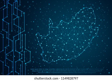 Abstract mash line and point scales on Circuit dark background with map of South Africa. Wire frame mesh polygonal network line, design sphere, dot and structure. Vector illustration eps 10.