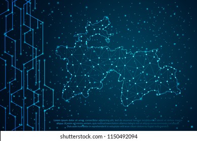 Abstract mash line and point scales on Circuit dark background with map of Tajikistan. Wire frame mesh polygonal network line, design sphere, dot and structure. Vector illustration eps 10.