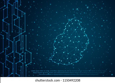 Abstract mash line and point scales on Circuit dark background with map of Mauritius. Wire frame mesh polygonal network line, design sphere, dot and structure. Vector illustration eps 10.
