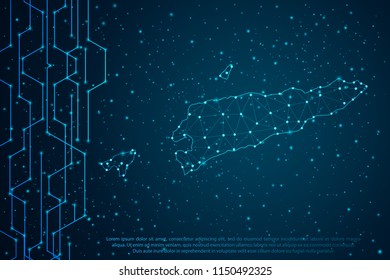 Abstract mash line and point scales on Circuit dark background with map of East Timor. Wire frame mesh polygonal network line, design sphere, dot and structure. Vector illustration eps 10.