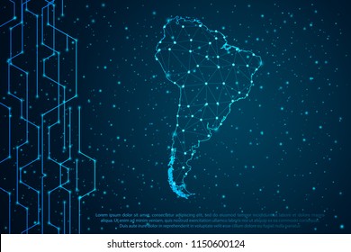 Abstract mash line and point scales on Circuit dark background with map of South America. Wire frame mesh polygonal network line, design sphere, dot and structure. Vector illustration eps 10.