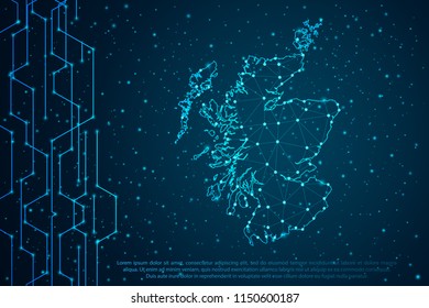 Abstract mash line and point scales on Circuit dark background with map of Scotland. Wire frame mesh polygonal network line, design sphere, dot and structure. Vector illustration eps 10.