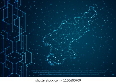 Abstract mash line and point scales on Circuit dark background with map of North Korea. Wire frame mesh polygonal network line, design sphere, dot and structure. Vector illustration eps 10.
