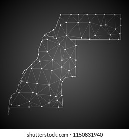 Abstract Mash Line and Point Scales on The Dark Gradient Background With Map of Western Sahara. 3D Mesh Polygonal Network Connections.Vector illustration eps10.