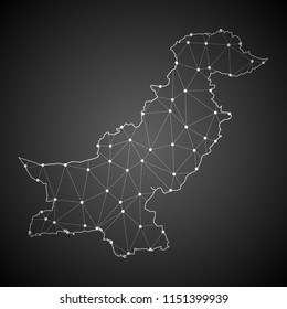 Abstract Mash Line and Point Scales on The Dark Gradient Background With Map of Pakistan. 3D Mesh Polygonal Network Connections.Vector illustration eps 10.