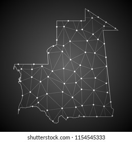 Abstract Mash Line and Point Scales on The Dark Gradient Background With Map of Mauritania. 3D Mesh Polygonal Network Connections.Vector illustration eps 10.