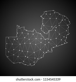 Abstract Mash Line and Point Scales on The Dark Gradient Background With Map of Zambia. 3D Mesh Polygonal Network Connections.Vector illustration eps 10.