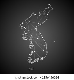 Abstract Mash Line and Point Scales on The Dark Gradient Background With Map of Korea. 3D Mesh Polygonal Network Connections.Vector illustration eps 10.