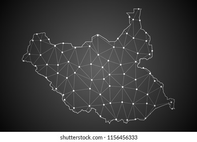 Abstract Mash Line and Point Scales on The Dark Gradient Background With Map of South Sudan. 3D Mesh Polygonal Network Connections.Vector illustration eps 10.