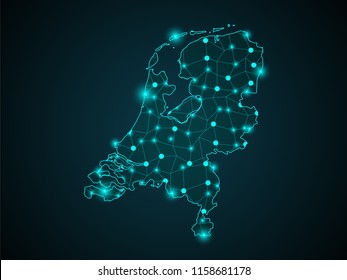 Abstract mash line and point scales on dark background with Map of netherlands. Wire frame 3D mesh polygonal network line, design sphere, dot and structure. communications map of netherlands. Vector.