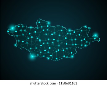 Abstract mash line and point scales on dark background with Map of mongolia. Wire frame 3D mesh polygonal network line, design sphere, dot and structure. communications map of mongolia. Vector.