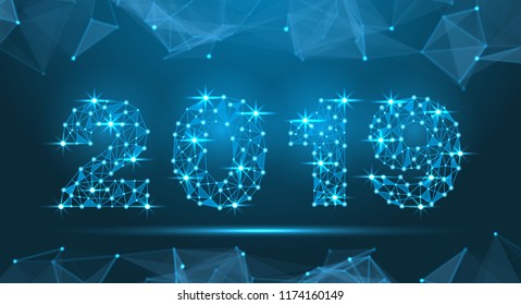 Abstract Mash Line and Point Scales on Dark Background with 2019 Happy New Year. Wire Frame 3D Mesh Polygonal Design - Illustration Vector