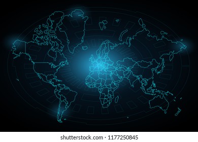 Abstract mash line and point scales on dark background with map of world. 3D mesh polygonal network line, design sphere, dot and structure. Vector illustration eps 10.