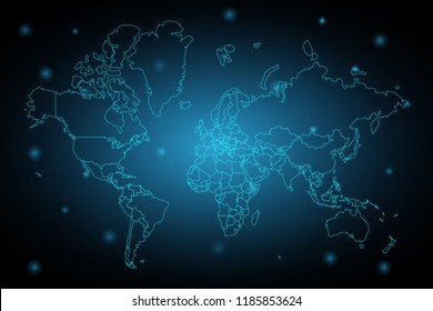Abstract mash line and point scales on dark background with map of world.