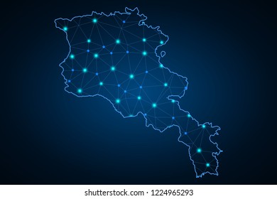 Abstract mash line and point scales on dark background with Map of armenia. Wire frame 3D mesh polygonal network line, design sphere, dot and structure. communications map of armenia. Vector.