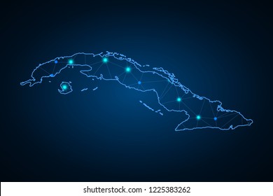 Abstract mash line and point scales on dark background with Map of cuba. Wire frame 3D mesh polygonal network line, design sphere, dot and structure. communications map of cuba. Vector illustration