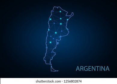 Abstract mash line and point scales on dark background with Map of argentina. Wire frame 3D mesh polygonal network line, design sphere, dot and structure. communications map of argentina. vector. - Ve