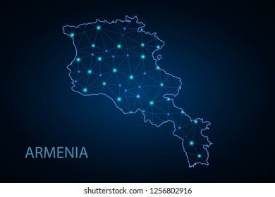 Abstract mash line and point scales on dark background with Map of armenia. Wire frame 3D mesh polygonal network line, design sphere, dot and structure. communications map of armenia. Vector.