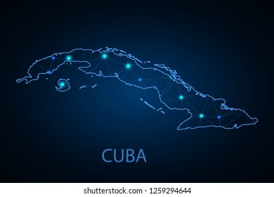 Abstract mash line and point scales on dark background with Map of cuba. Wire frame 3D mesh polygonal network line, design sphere, dot and structure. communications map of cuba. Vector illustration - 