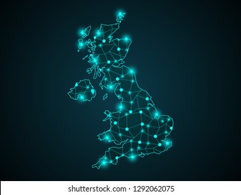 Abstract mash line and point Scales on dark background with map of United kingdom. UK Wire frame 3D mesh polygonal network line, design sphere, dot and structure. Vector illustration eps 10. - Vector