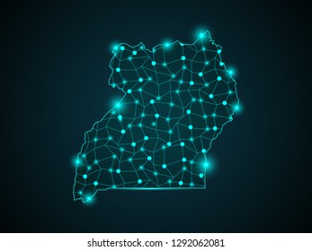 Abstract mash line and point scales on dark background with map of Uganda. Wire frame 3D mesh polygonal network line, design sphere, dot and structure. Vector illustration eps 10. - Vector