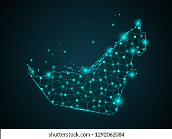 Abstract mash line and point scales on Dark background with map of United Arab Emirates. Wire frame 3D mesh polygonal network line, design polygon sphere, dot and structure. Vector illustration eps 10