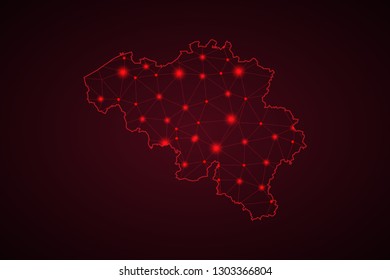 Abstract mash line and point scales on dark background with Map of belgium. Wire frame 3D mesh polygonal network line, design sphere, dot and structure. communications map of belgium. Vector. - Vector