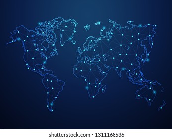 Abstract mash line and point scales on dark background with Map World. Wire Frame 3D mesh polygonal network line, design sphere, dot and structure. Vector illustration eps 10.