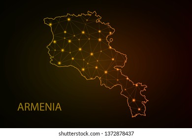 Abstract mash line and point scales on dark background with Map of armenia. Wire frame 3D mesh polygonal network line, design sphere, dot and structure. communications map of armenia. Vector. - Vector