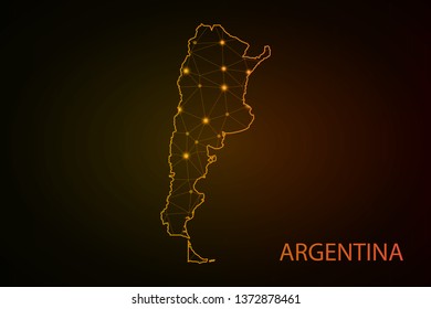 Abstract mash line and point scales on dark background with Map of argentina. Wire frame 3D mesh polygonal network line, design sphere, dot and structure. communications map of argentina. vector. - Ve