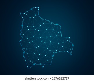 Abstract mash line and point scales on dark background with map of Bolivia. Wire frame 3D mesh polygonal network line, design sphere, dot and structure. Vector illustration eps 10.