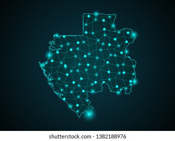Abstract mash line and point scales on dark background with Map of gabon. Wire frame 3D mesh polygonal network line, design sphere, dot and structure. communications map of gabon. Vector. - Vector