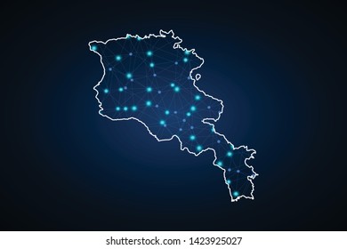 Abstract mash line and point scales on dark background with Map of armenia. Wire frame 3D mesh polygonal network line, design sphere, dot and structure. communications map of armenia. Vector. - Vector