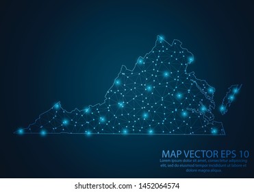 Abstract mash line and point scales on dark background with map of Virginia.3D mesh polygonal network line, design sphere, dot and structure. Vector illustration eps 10.