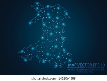 Abstract mash line and point scales on dark background with map of Wales.3D mesh polygonal network line, design sphere, dot and structure. Vector illustration eps 10.