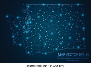 Abstract mash line and point scales on dark background with map of Washington.3D mesh polygonal network line, design sphere, dot and structure. Vector illustration eps 10.