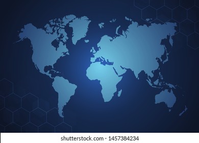 Abstract mash line and point Scales on hexagon dark background with Map World. Wire frame 3D mesh polygonal network line, design sphere, dot and structure. Vector illustration eps 10.