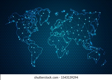 Línea de purga abstracta y escala de puntos sobre fondo oscuro con Map World. Línea de red poligonal, esfera de diseño, punto y estructura de malla 3D del marco de cables. Ilustración vectorial, pasos 10.