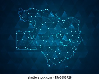 Abstract mash line and point scales on Dark background with map of Middle East. Wire frame 3D mesh polygonal network line, design polygon sphere, dot and structure. Vector illustration eps 10. svg