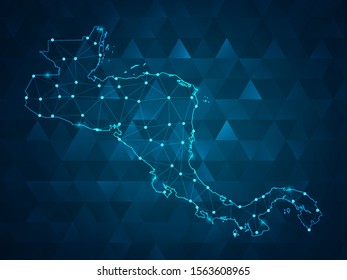 Abstract mash line and point scales on dark background with map of Central america. Wire frame 3D mesh polygonal network line, design sphere, dot and structure. Vector illustration eps 10.