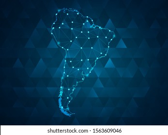 Abstract mash line and point scales on Dark background with map of South America . Wire frame 3D mesh polygonal network line, design polygon sphere, dot and structure. Vector illustration eps 10.