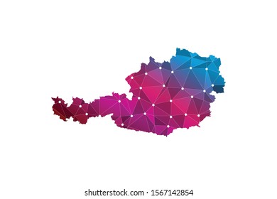 Abstract mash line and point scales on dark background with Map of austria. Wire frame 3D mesh polygonal network line, design sphere, dot and structure. communications map of austria. Vector.
