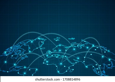 Línea de purga abstracta y escala de puntos sobre fondo oscuro con Map World. Línea de red poligonal, esfera de diseño, punto y estructura de malla 3D del marco de cables. Ilustración vectorial, pasos 10.