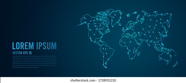 Abstract mash line and point scales on dark background with Map World. Wire Frame 3D mesh polygonal network line, design sphere, dot and structure. Vector illustration eps 10.