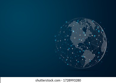 Abstract mash line and point scales on dark background with Map World representing the global . Wire frame 3D mesh polygonal network line, design sphere, dot and structure. Vector illustration eps 10.